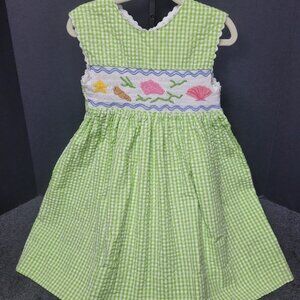 Girls Green and White Seersucker Smocked Dress w/ Seashell Print 2